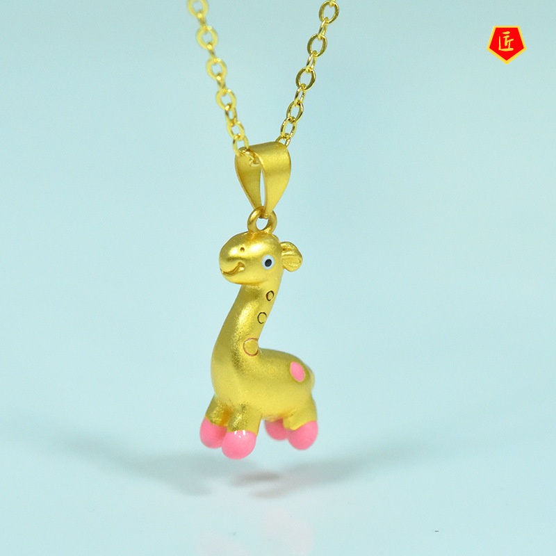 [Ready Stock]Cute Animal Giraffe Pendant Lucky Beads Gold Necklace