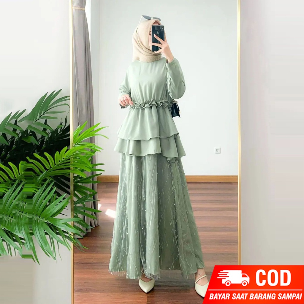 NEW ARRIVAL - GAMIS POLOS KOMBINASI BRUKAT - SANIA DRESS MAXI GAUN PESTA  - OUFIT KONDANGAN MUSLIM MODERN - SERAGAM BRIDESMAID - Gamis Brokat Lebaran 2023