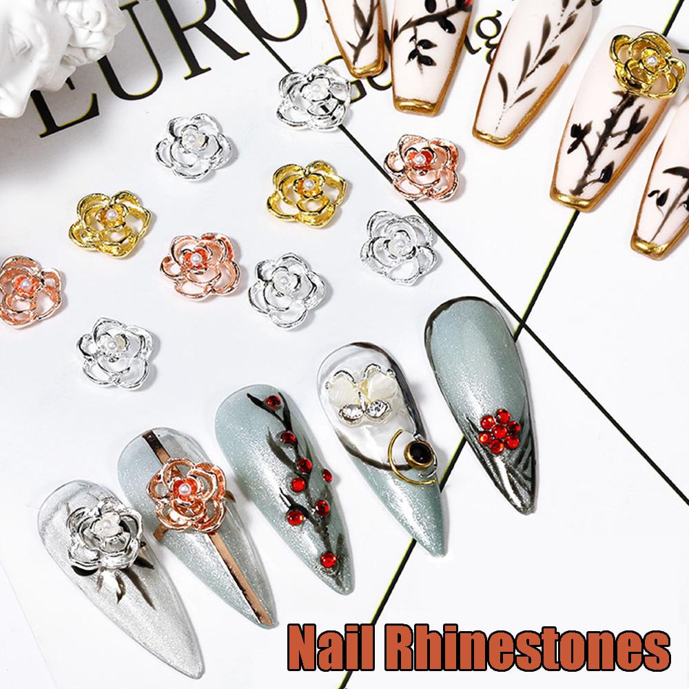 Agustinina Bunga Mawar Kuku Perhiasan DIY 10 Pcs Mewah Berongga Halus Shiny Nail Rhinestones
