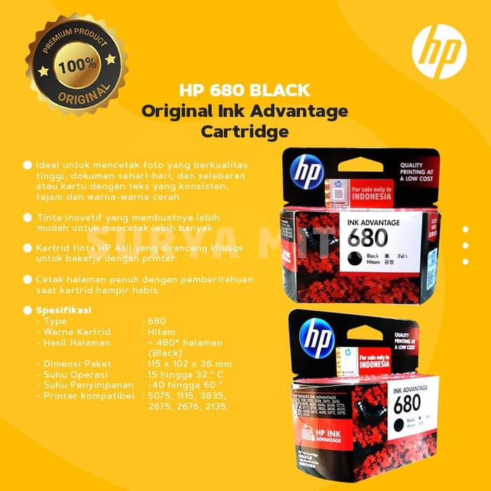 Tinta HP 680 Black Original Ink Cartridge - For 2135, 3635