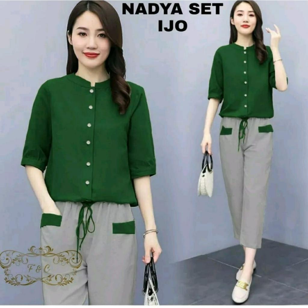 PCS SET NADYA BAHAN MOSCREPE FE SETELAN ATASAN DAN CELANA 3 UKURAN M L XL