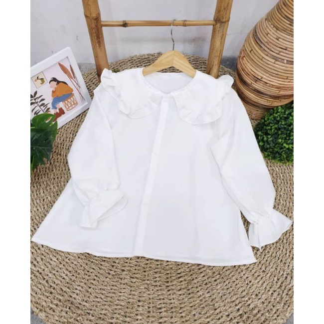 BLOUSE MIZU TARTAN / BLOUSE TARTAN KOREAN STYLE / BLOUSE KOTAK KOTAK KERAH REMPEL-ANDREA PUTIH
