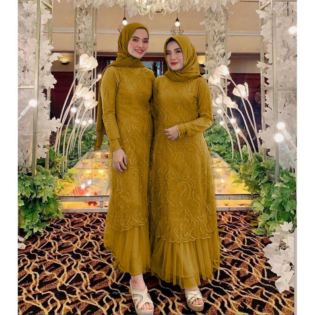 Pakaian Wanita Muslimah Terbaru 2022 Sumaya Geraldine Gamis Pesta/Baju Muslim Wanita Jumbo /Gamis Brukat Tile/ Gamis Kondangan Remaja Dewasa Fashion Muslim Premium-GOLD