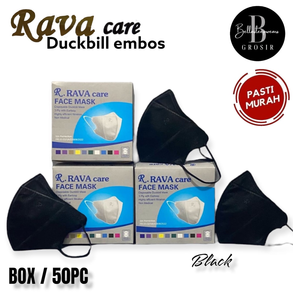 RAVA CARE - MASKER DUCKBILL RAVA EMBOS HITAM PUTIH RAINBOW MIX BOX ISI 50 PC