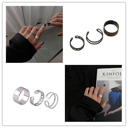 7pcs / Set Cincin Geometris Model Terbuka Warna Hitam Emas Perak Gaya Punk Hip-Hop Untuk Wanita