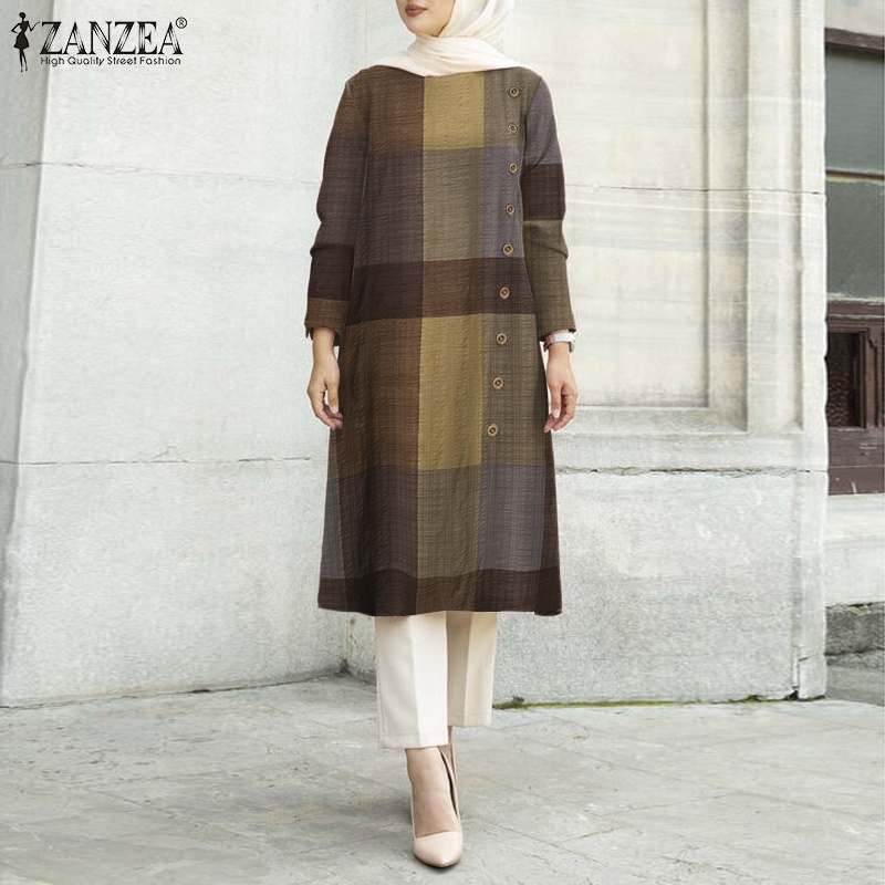 ZANZEA Women Crew Neck Plaid Printed Button Cuffs Loose Vintage Muslim Blouse