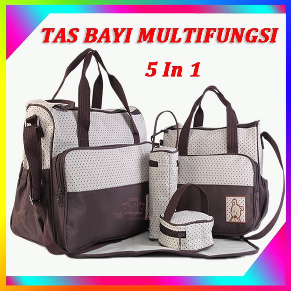 Tas Perlengakapan Bayi 5in1 / 1 Set Tas Bayi 5 in 1 Diaper Baby Bag Set Tas Multifungsi Storage Bag Organizer Organiser Tas Botol Minum Tas Makanan Tas Serbaguna Tas Besar Tas Kecil Popok Bayi Perlak Diapers Mom Bag Food Kado Tas - Warna Acak