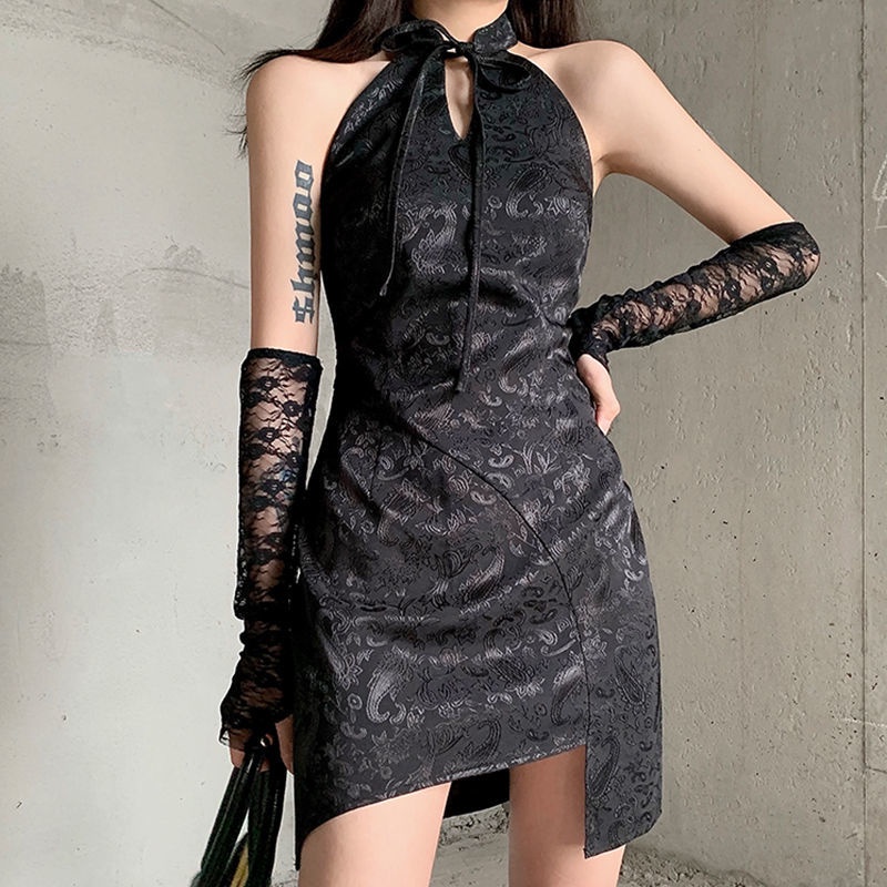 BIIKPIIK dark retro hot girl style jacquard cheongsam dress perempuan berdiri kerah renda lengan gau