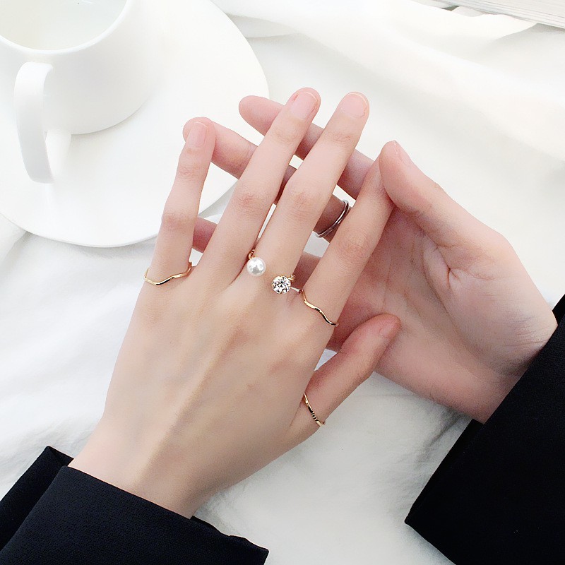 [4 PCS] Cincin Set Fashion Terbuka Aksen Berlian Imitasi + Mutiara Gaya Korea Untuk Wanita