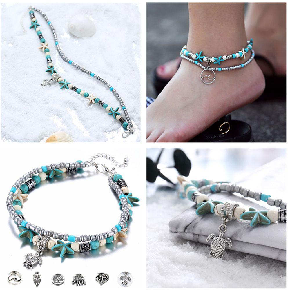 Lily Gelang Kaki Baru Perhiasan Menarik Aksesoris Kaki Rantai Tipis Pantai Drop Rantai Tebal YOGA Bintang Laut Turquoise Foot Chain