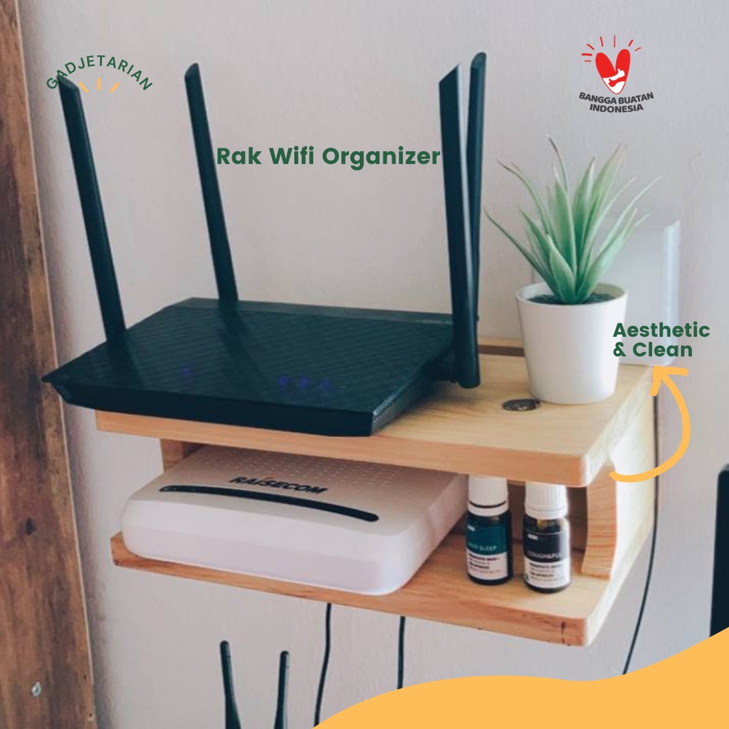 Rak Kayu Wood Wifi Router Organizer