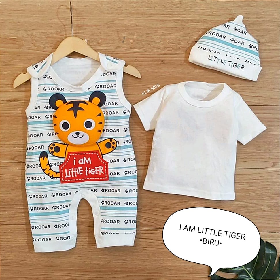 Jumper Bayi Laki-Laki 0-6 Bulan / Baju Anak Bahan Kaos Free Inner Dan Topi Motif I Am Little Tiger