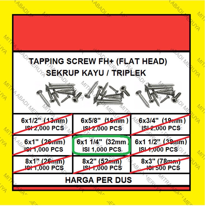 Sekrup Kayu Sekrup Tapping Screw FH 6 x 1 1/4" (32 mm) 1 DUS