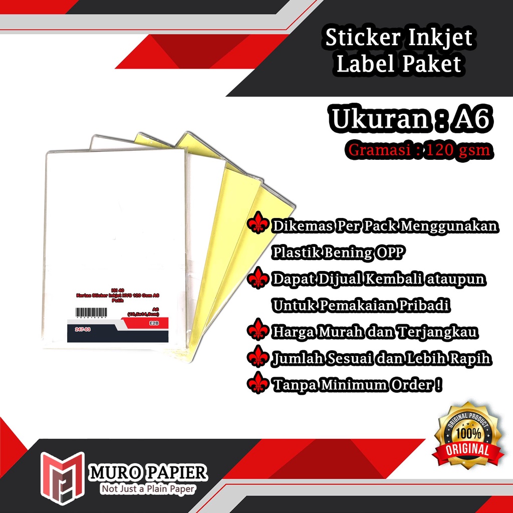 

( PER PAK - ISI 40 ) Kertas Sticker Inkjet Untuk Resi 120 gsm A6 - by Muro Papier