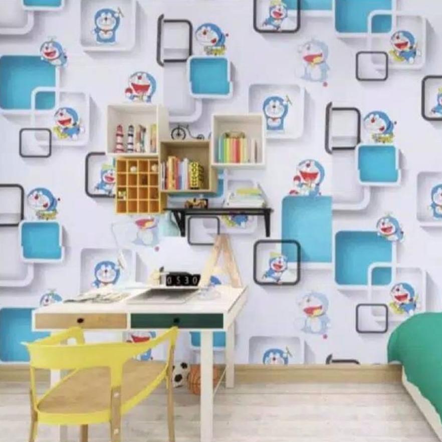 Wallpaper Dinding Motif Doraemon 3D Kotak Biru 10M X 45Cm
