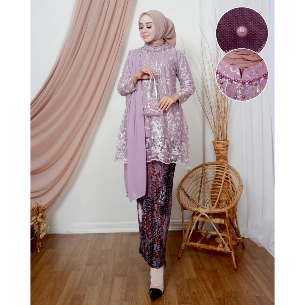 Permata Olshop / Kebaya Tunik Salendang Putri / Baju Kebaya Wisuda / Kebaya Lamaran / Tunik Brokat Modern / Kebaya Kondangan / Salendang Payet