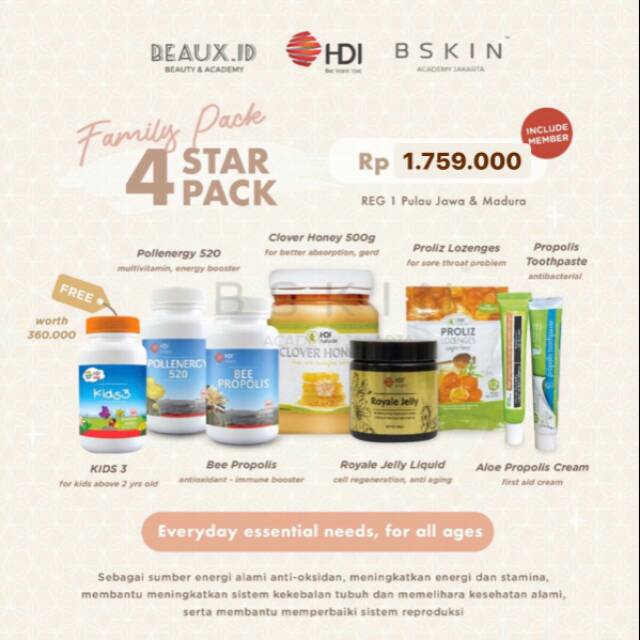 HDI FAMILY PACK, CLOVER HONEY, ROYAL JELLY, KID 3, POLLENERGY , BEE PROPOLIS