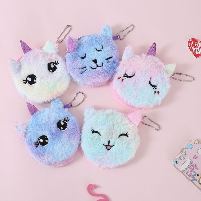 Dompet Koin kartu kunci unicorn Bulu Fluffy TU017 Coin Bag anak perempuan