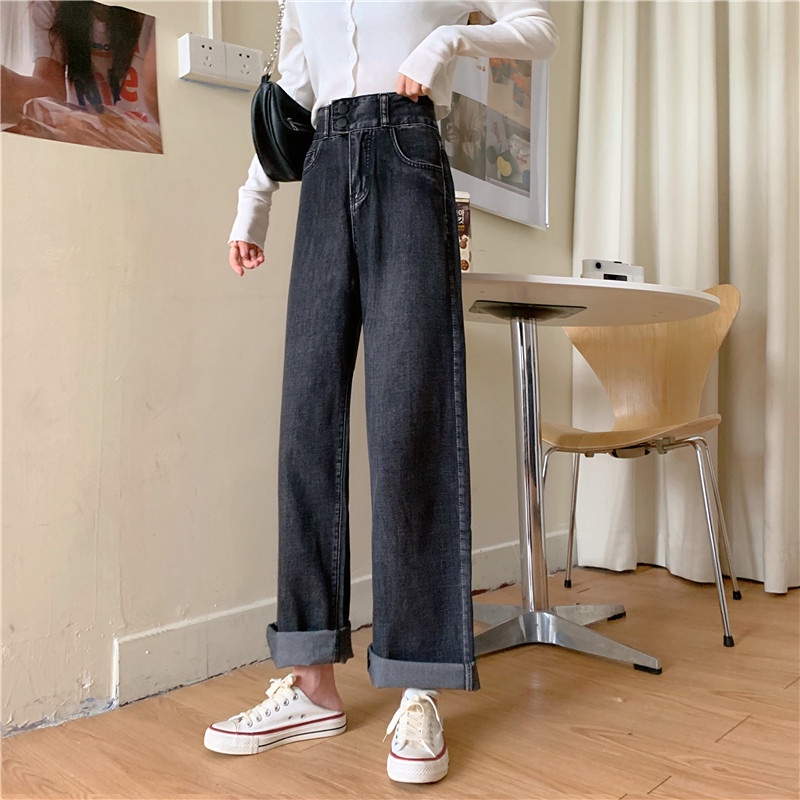 Celana jeans panjang casual longgar kaki lebar berpinggang tinggi wanita Korea
