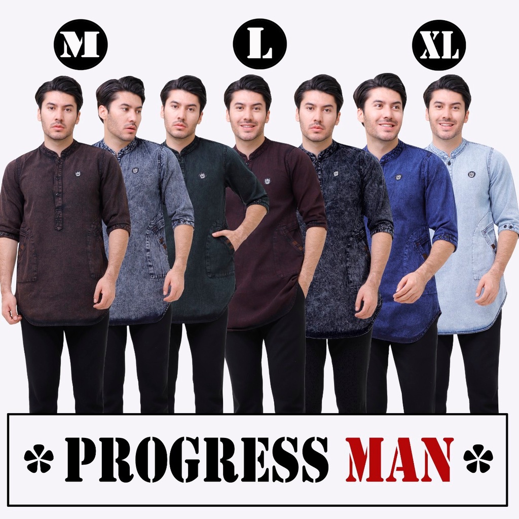 PROGRESS MAN baju koko jeans pria lengan tiga perempat koko kurta pangsi kemeja koko denim pria lengan tiga perempat kurta pangsi jeans baju kurta denim dewasa logo bordir Merah marun washing P4N9S405