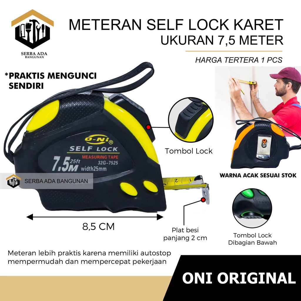 METERAN TANGAN ONI ORIGINAL 100%  SELF LOCK 3 M 5 M 7,5 M Meter Meteran Karet Otomatis Self Lock 10m ONI