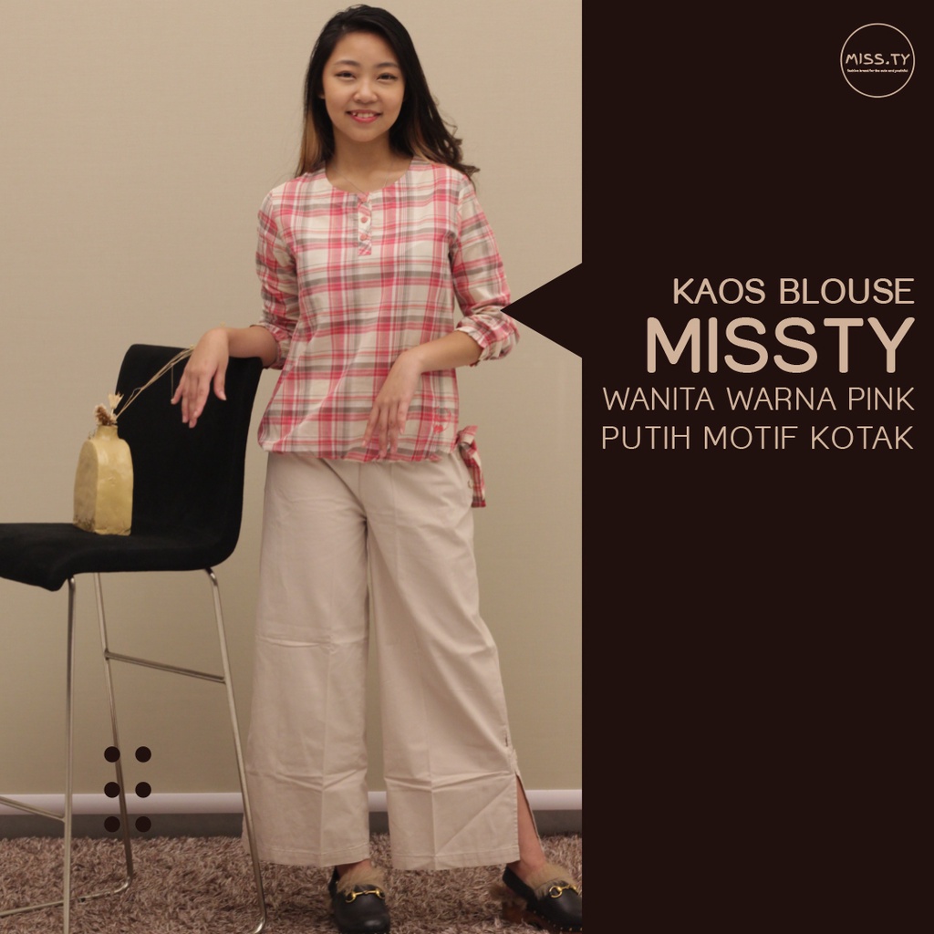 Kaos Blouse Missty Warna Pink Putih Motif Kotak (Kalmia134) celana (Camomile35)