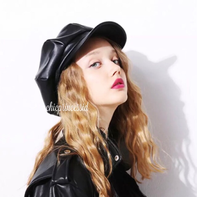 Newsboy Cap leather kulit topi beret leather hat fedora hitam black