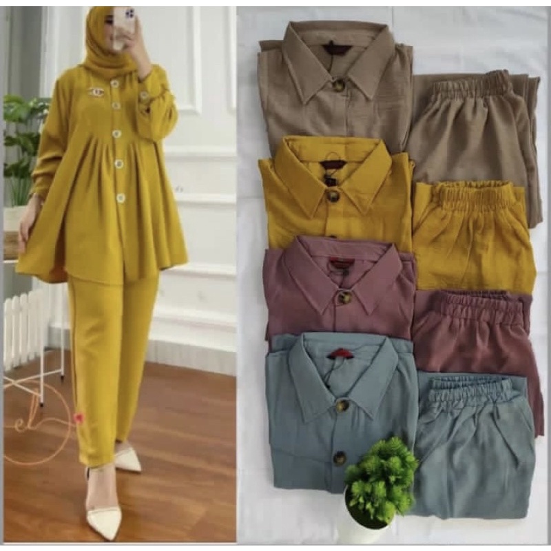 Stelan Cewek Masa Kini Muslimah Style Terbaru Setelan Tunik Belah Cela Zivia Set - Setelan Crinkle A