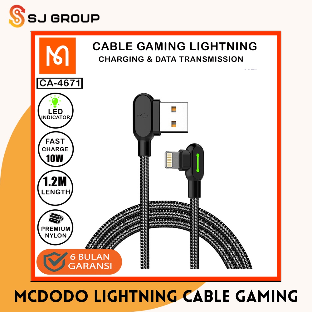 MCDODO Lightning Cable Gaming Led 90 Fast Charging 2A 1.2 Meter Kabel Charger CA-4671