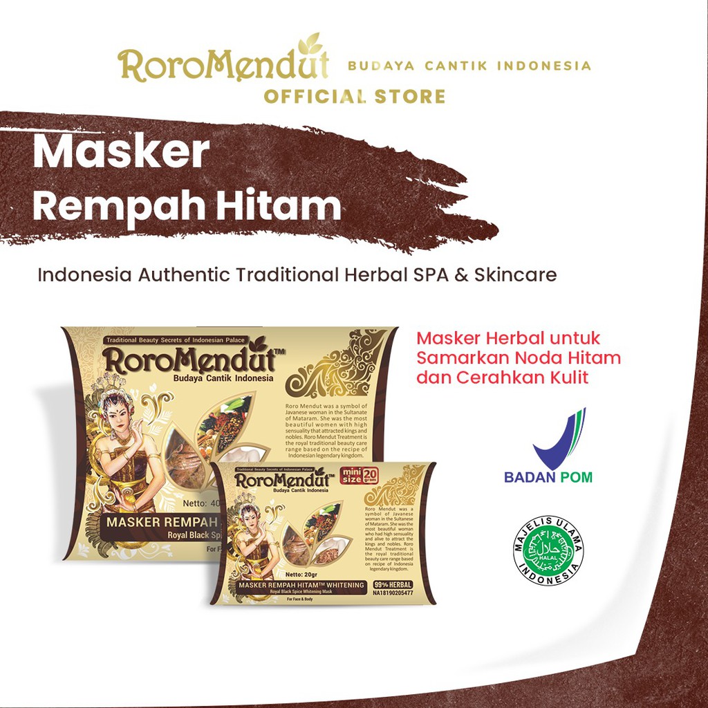 Masker Rempah Hitam Pencerah Wajah Mengangkat Kotoran Meregenarasi Kulit Roro Mendut Whitening 40 gr