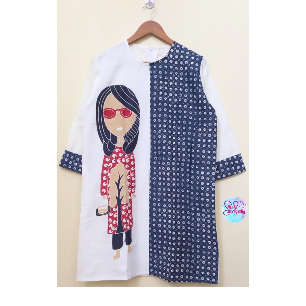 [PREMIUM] Tunik Karikatur Batik Kartun Kombinasi Bu Tejo Jamu Gendong Midi Handmade Muslim Kerja