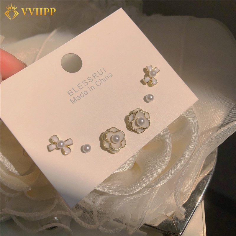 3 Pasang / Set Anting Mutiara Putih Bentuk Bunga Pita Untuk Wanita