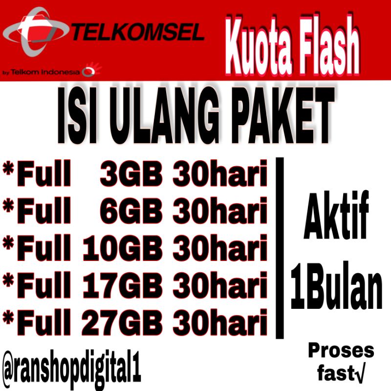 Kuota Telkomsel Flash Semua Zona 24Jam Masa aktif 30Hari | Isi Ulang Paket data SimPATI As Loop bisa