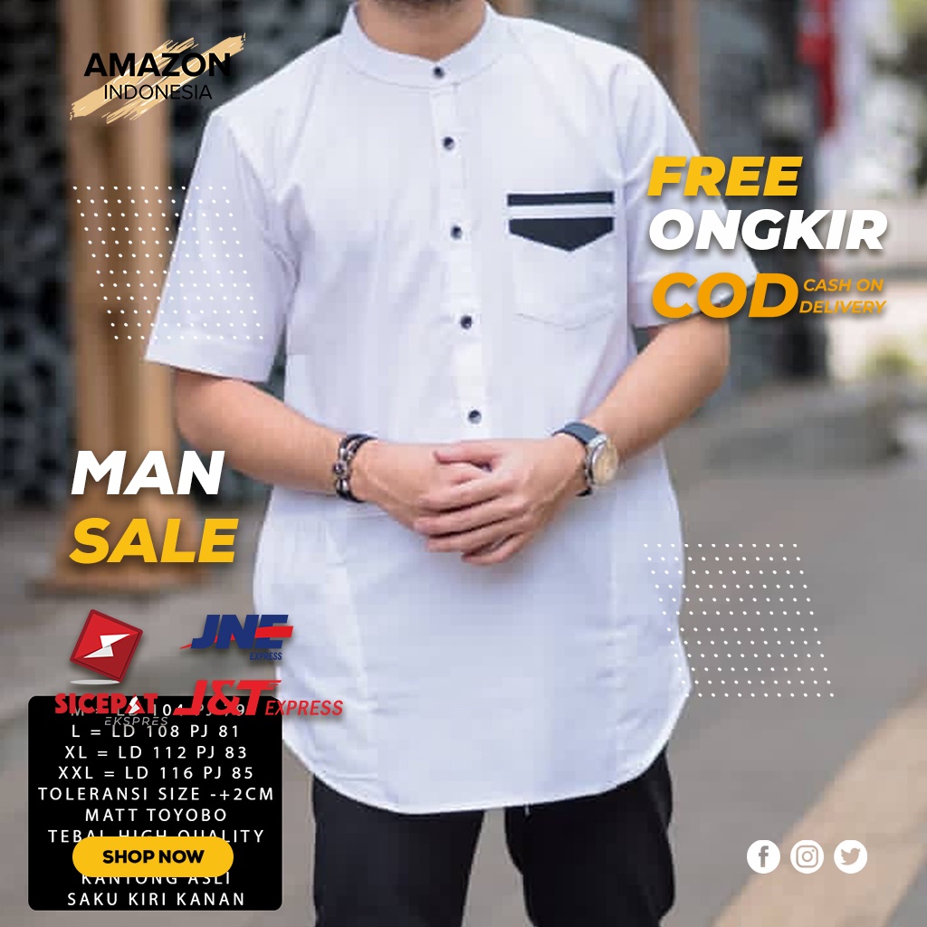 BAJU MUSLIM PRIA BAJU KOKO TRENDY LENGAN PENDEK WARNA WHITE PUTIH POLOS BAHAN KAIN KATUN TOYOBO PREMIUM