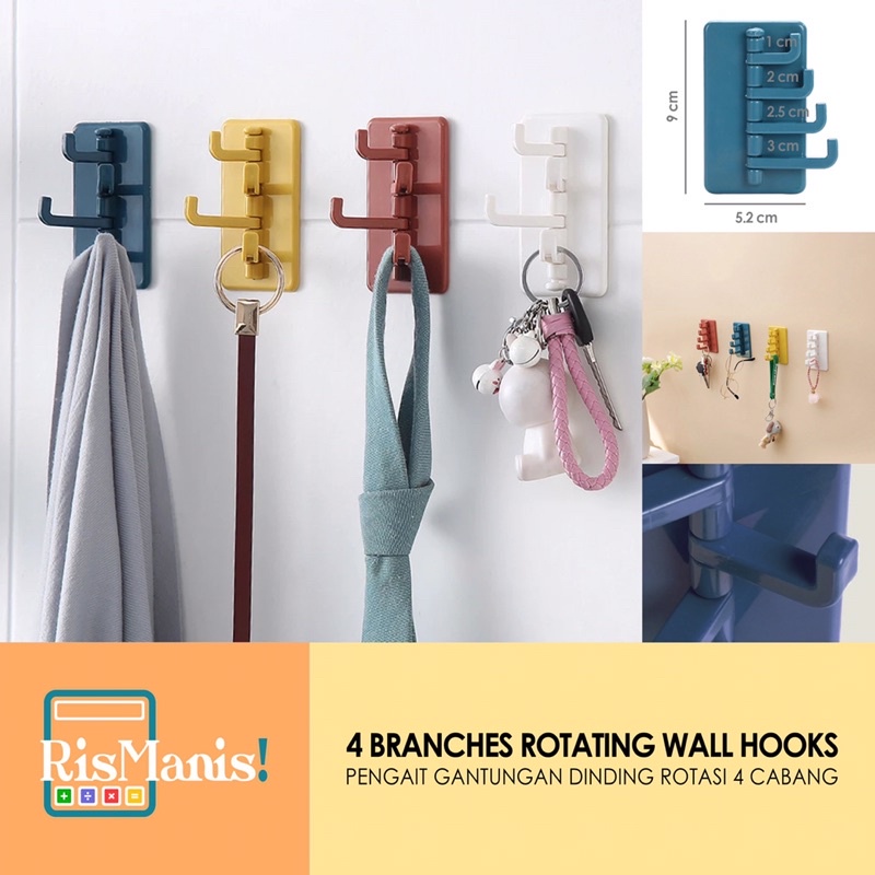 4 BRANCHES ROTATING WALL HOOKS - Pengait Gantungan Dinding Tempel Tembok Cantolan Rotasi 4 Cabang