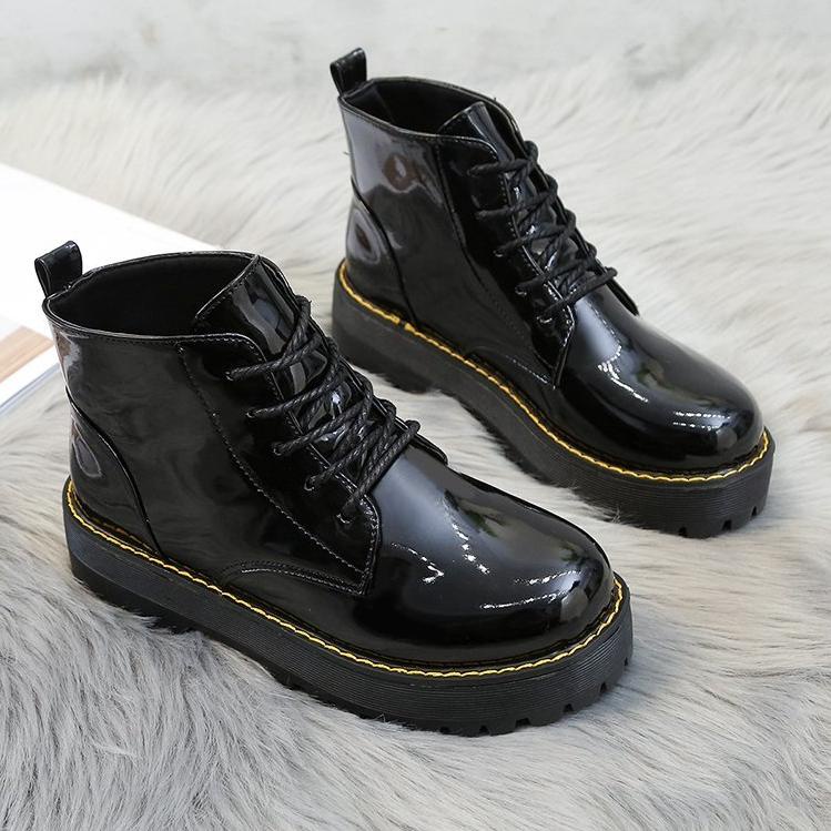 Sepatu Boots Wanita Martin Model British untuk  Glossy PU leather hitam+heel 4cm (Kotak sepatu grati