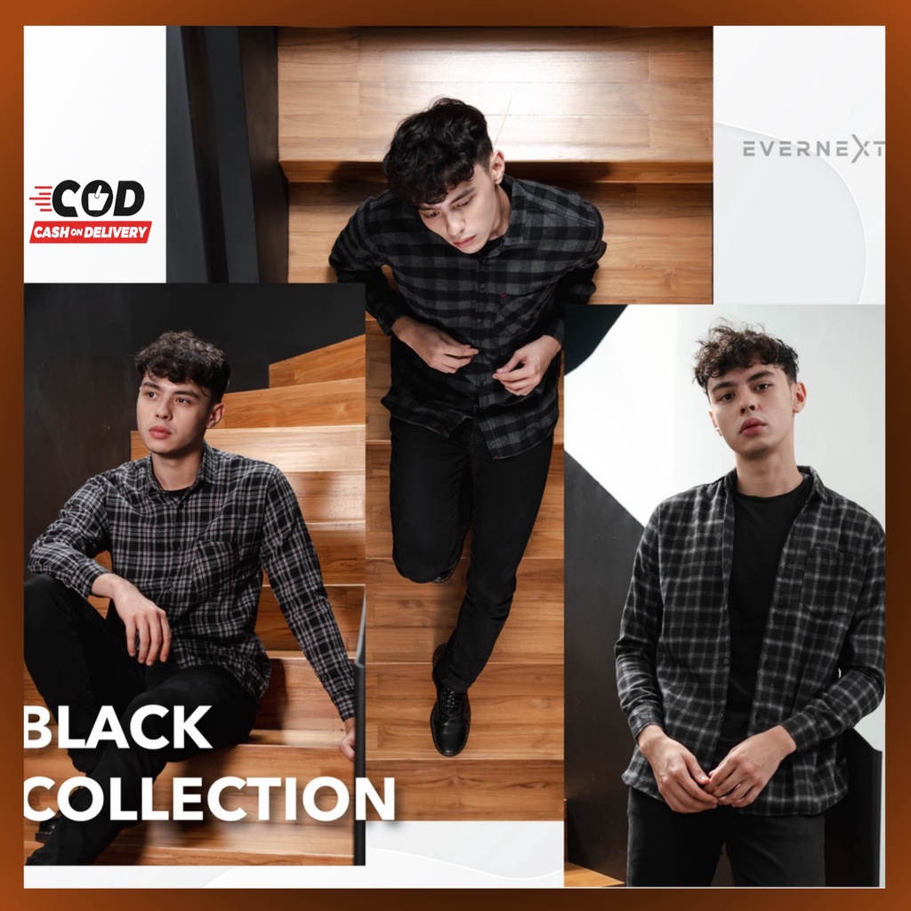 Kemeja Flannel Pria Lengan Panjang Casual Black Premium Terbaru