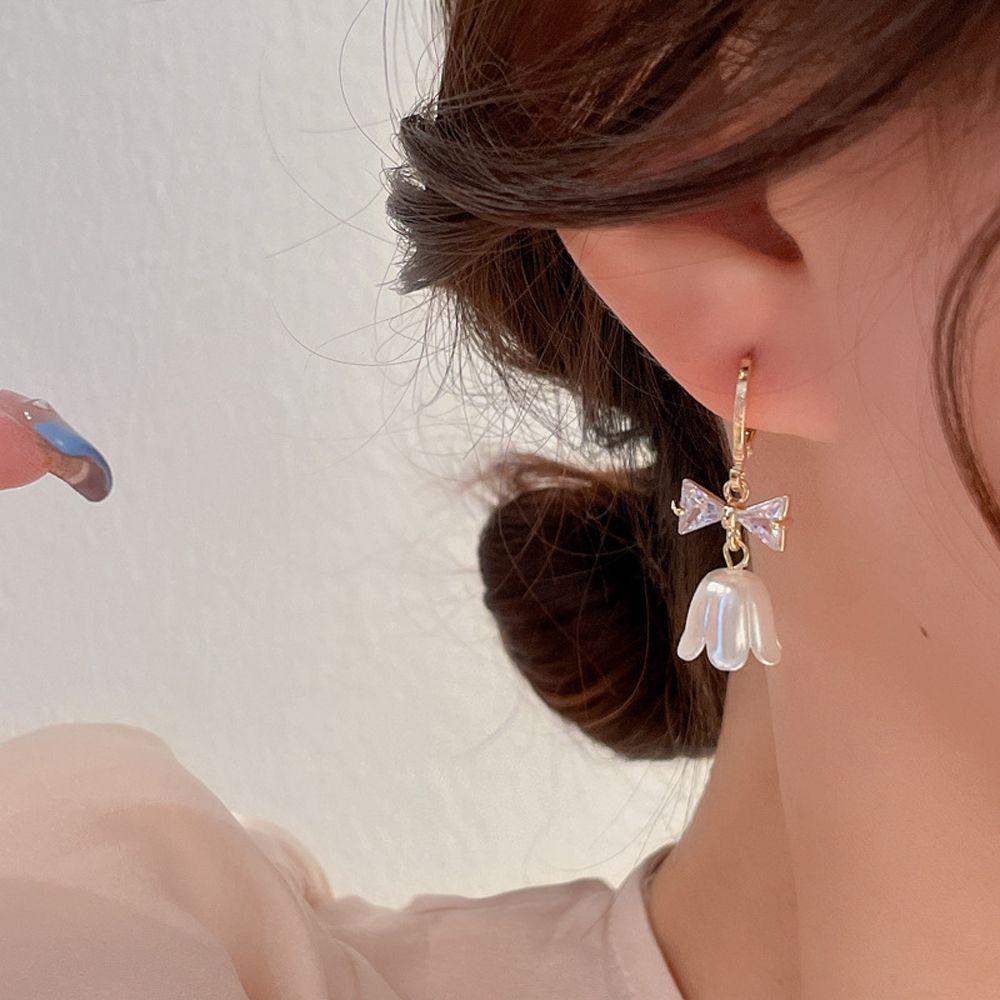 Needway Wanita Anting Hoop Trendi Untuk Perempuan Bunga Busur Zirkon Kristal Menjuntai Drop Earrings