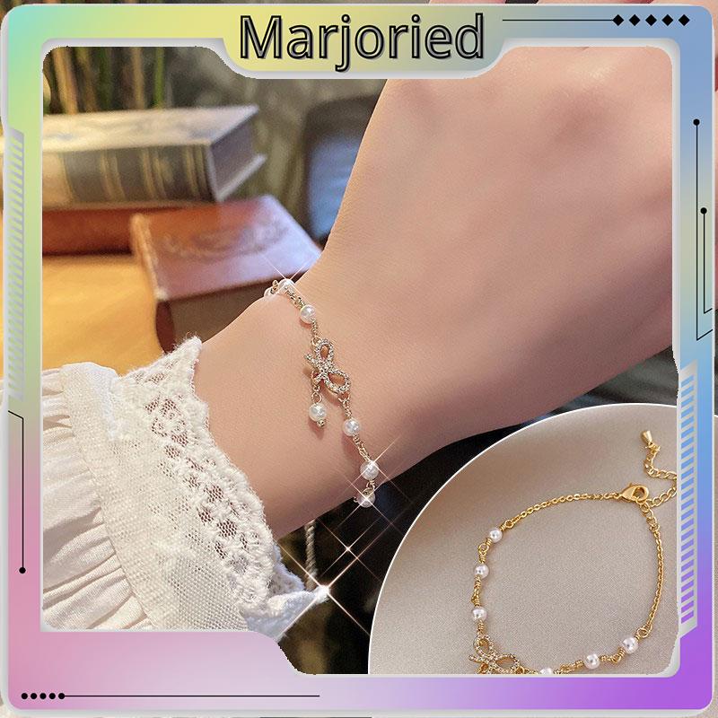 Gelang Korea Fashion Busur Mutiara Hias Berlian Imitasi Bangle Liar Aksesoris Fashion-MJD