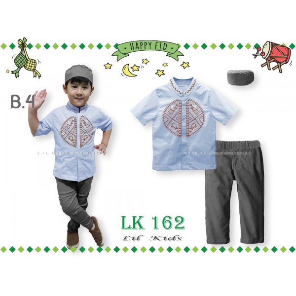 IMPORT LK 162 B4 Baju Koko Muslim Anak Biru Denim Peci Kopiah Celana Panjang India Lengan Pendek