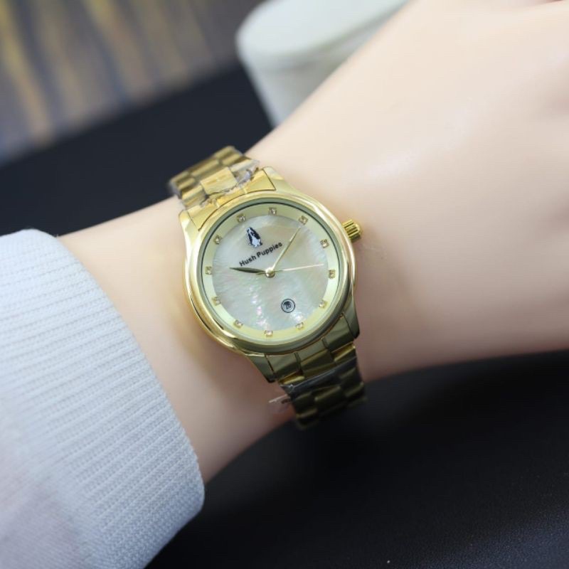 BISA COD JAM TANGAN WANITA HUSH PUPPIES RANTAI BULAT DIAMOND TANGGAL AKTIF HP1958