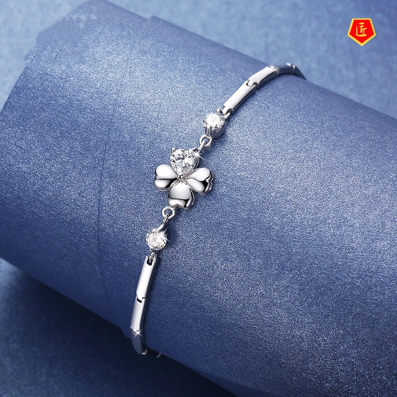 [Ready Stock]Fashion Diamond Four-Leaf Clover Silver Bracelet