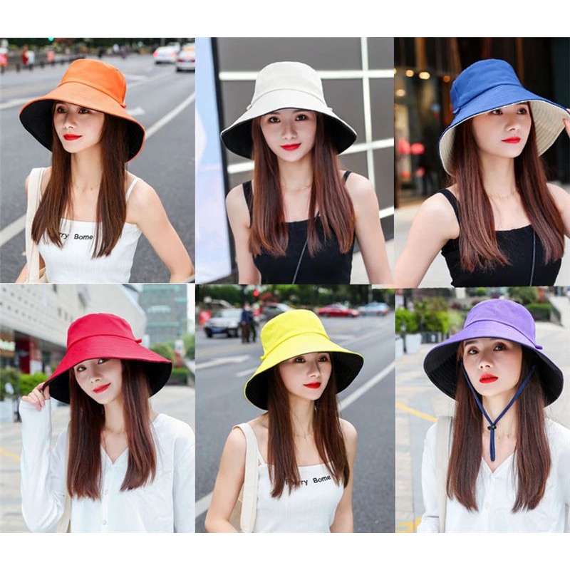 JF COLLECTION Topi Bucket Tali Lebar Import Polos Bolak Balik Bucket Hat Wanita Gaya Korea