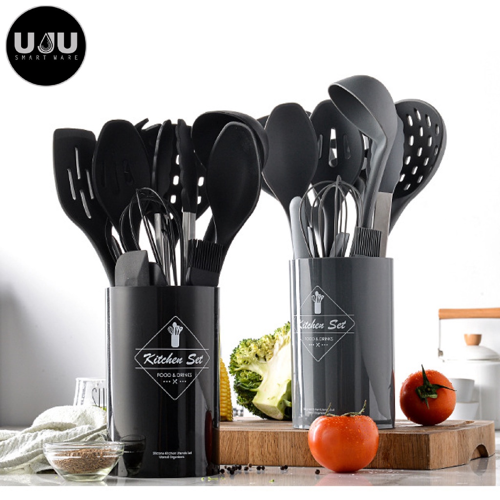 SPATULA SILIKON SET 14 PCS GAGANG STAINLESS STEEL HOLLOW NON-STICK