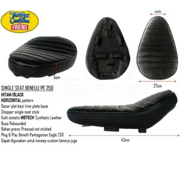 Jok Single Seat Benelli PE 250 horisontal hitam