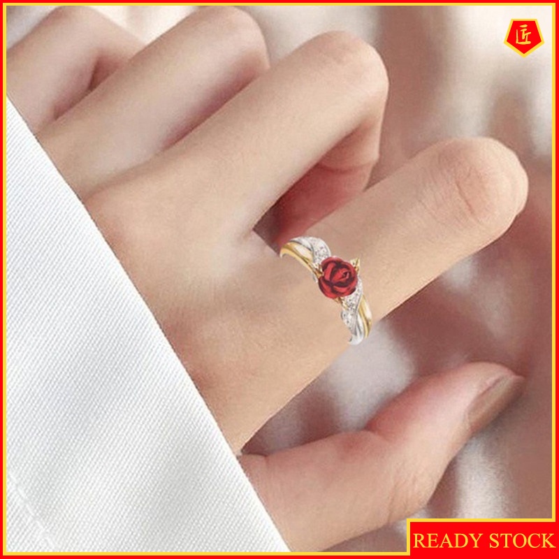 [Ready Stock]Inlaid Ruby Rose Ring Creative Two-Tone