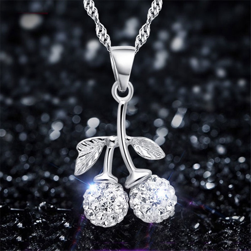 [Ready Stock]Fashion Personality Cherry Diamond Pendant Silver Necklace