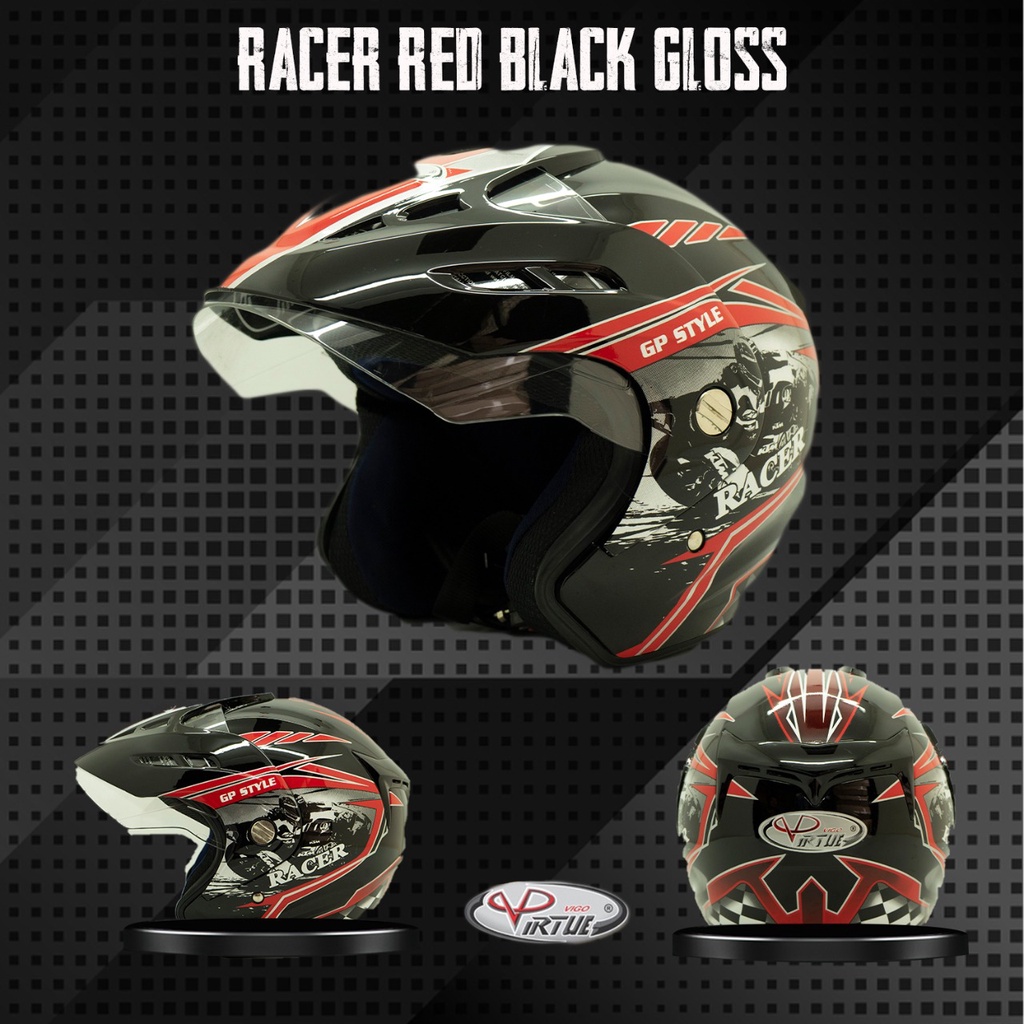 VIRTUE Helm Motor SNI Half Face Racer Red Black Gloss