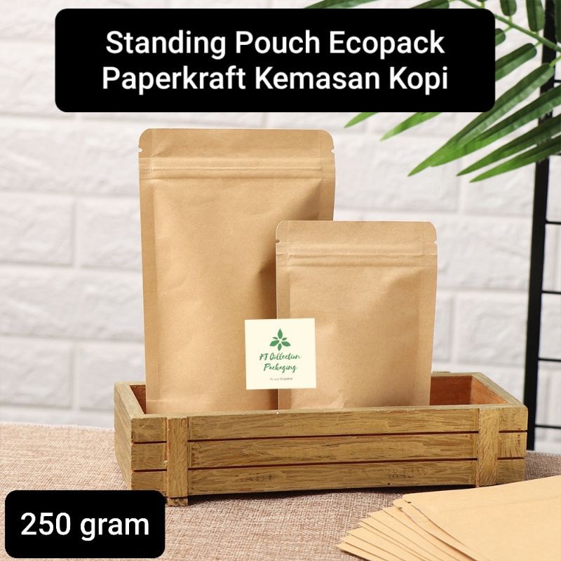 100pcs Standing Pouch Ecopack 250 Gram  Paperkraft Kemasan Kopi Snack Penutup Zipper