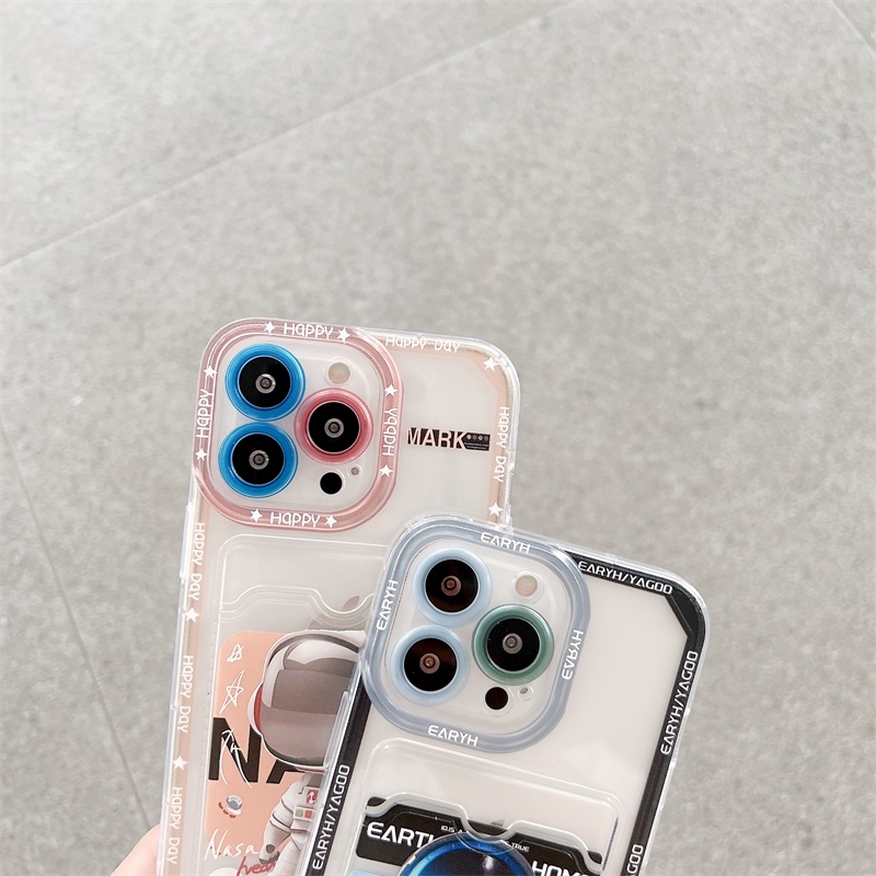 Soft Case Pelindung Lensa Transparan Desain Astronot Kartu Untuk iPhone 12 13 Pro MAX 11 X XR XS MAX 7 8 Plus
